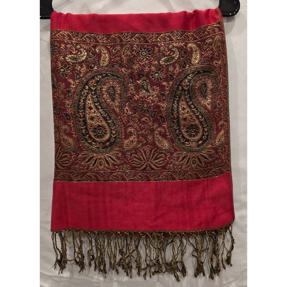 100% Pashmina Red Paisley Gold Black Woven Fringe Shawl Scarf Wrap